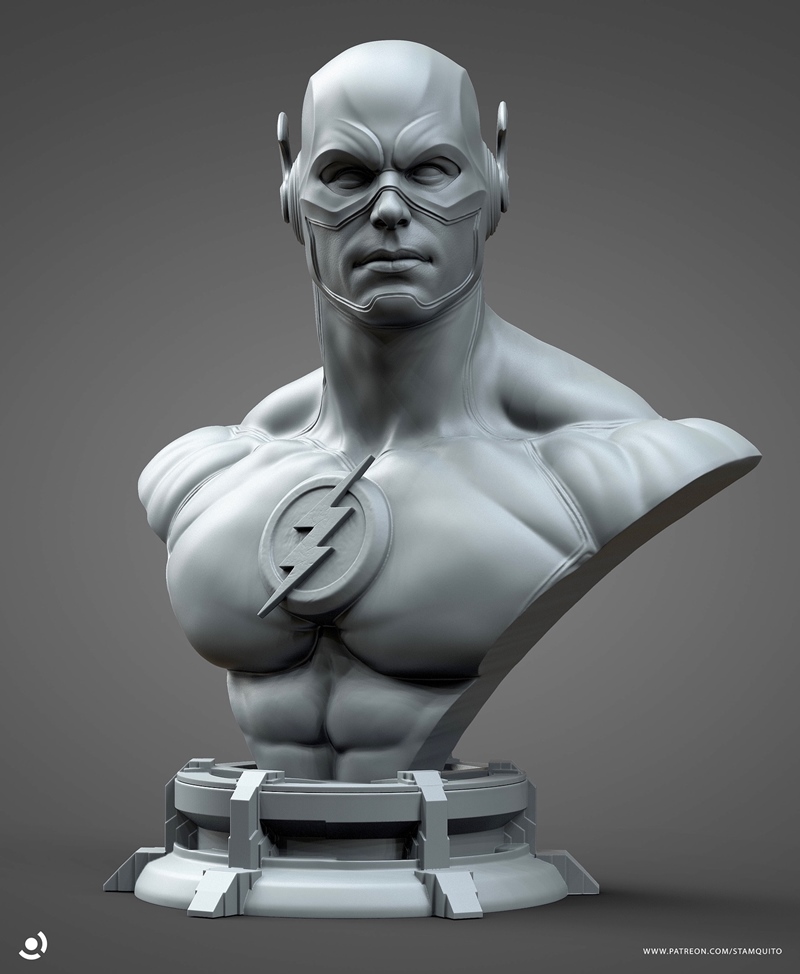 3D printable bust of The Flash, featuring his iconic cowl, mask, and lightning bolt emblem on a muscular chest, displ...