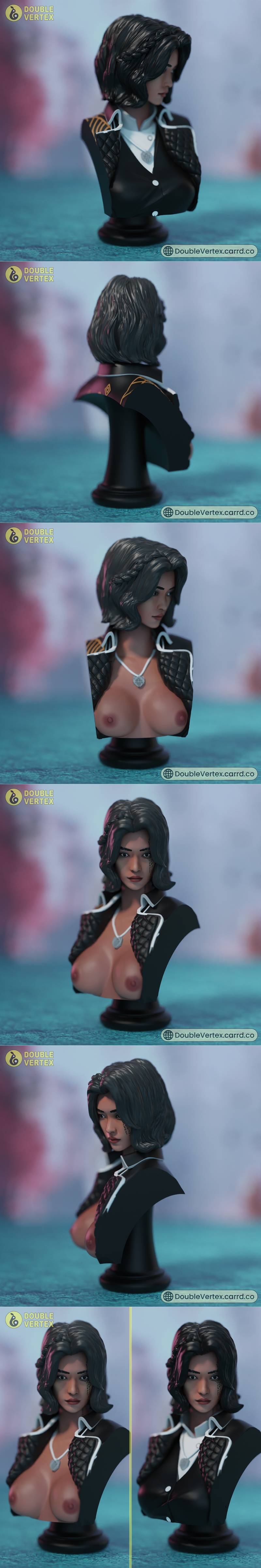 Bust of a young woman with dark hair and facial tattoos, wearing a black outfit with textured shoulders. Double Verte...