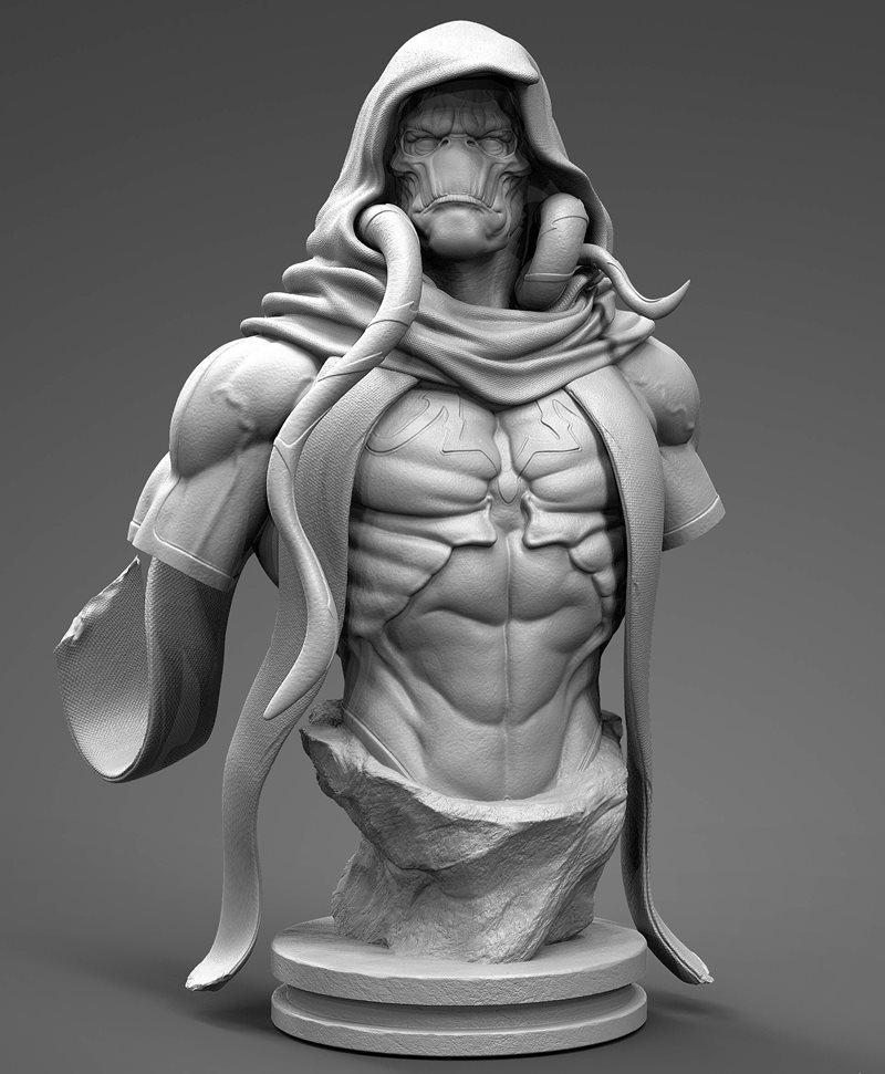 Stalyn Quito's 3D printable bust of Gorr, the God Butcher, from Marvel Comics. The figure is hooded, muscular, with a...