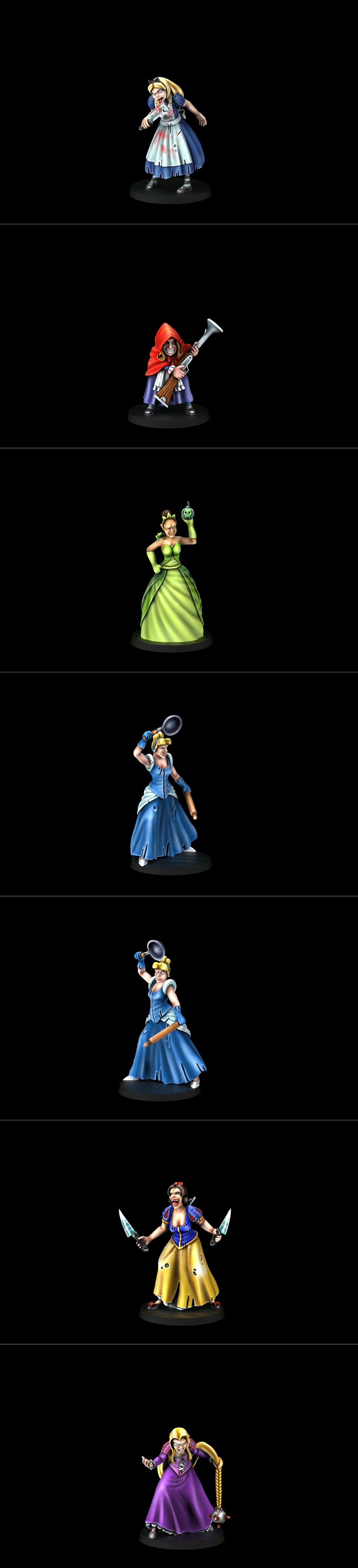 Group of nine menacing Disney-inspired princess figures from Cross Lances, armed with knives, a chainsaw, a frying pa...