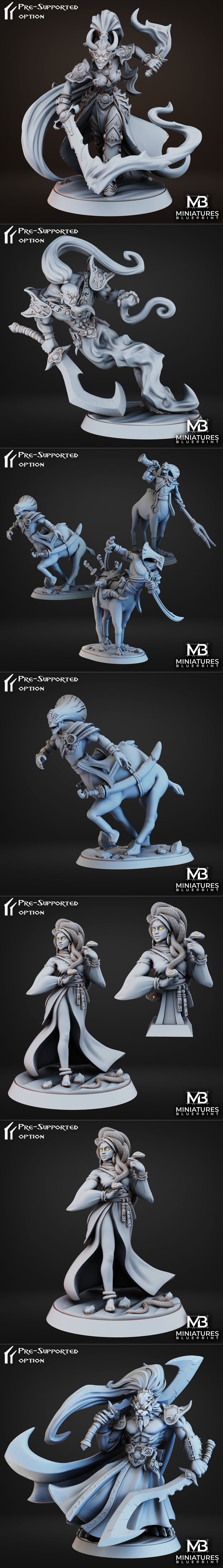 Collection of 3D printable miniatures inspired by Arabian Nights, including warriors on horseback, a figure riding a...