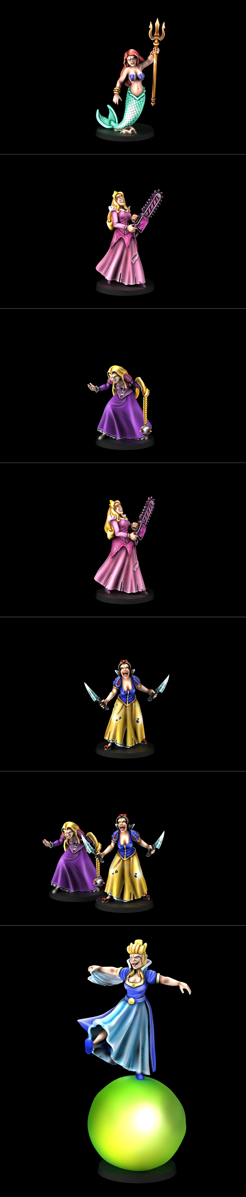 Group of nine menacing Disney-inspired princess figures from Cross Lances, armed with knives, a chainsaw, a frying pa...