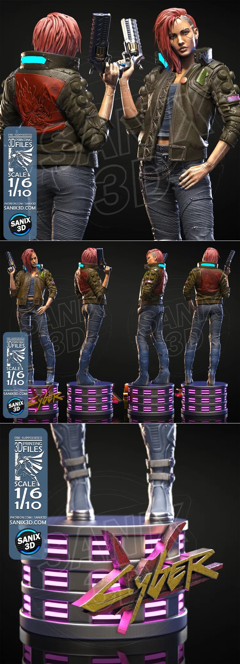 Female character V from Cyberpunk 2077 holding a pistol, wearing a leather jacket and tactical pants, with cybernetic...