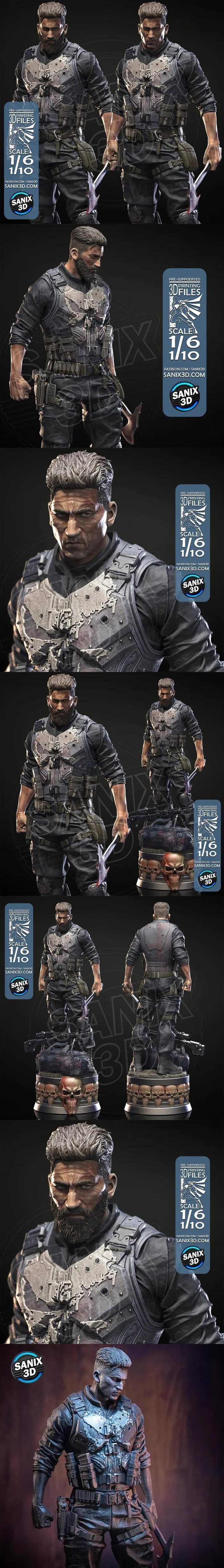 The Punisher 3D model figure, wearing tactical gear and a skull emblem chest plate, holding a bladed weapon. A second...