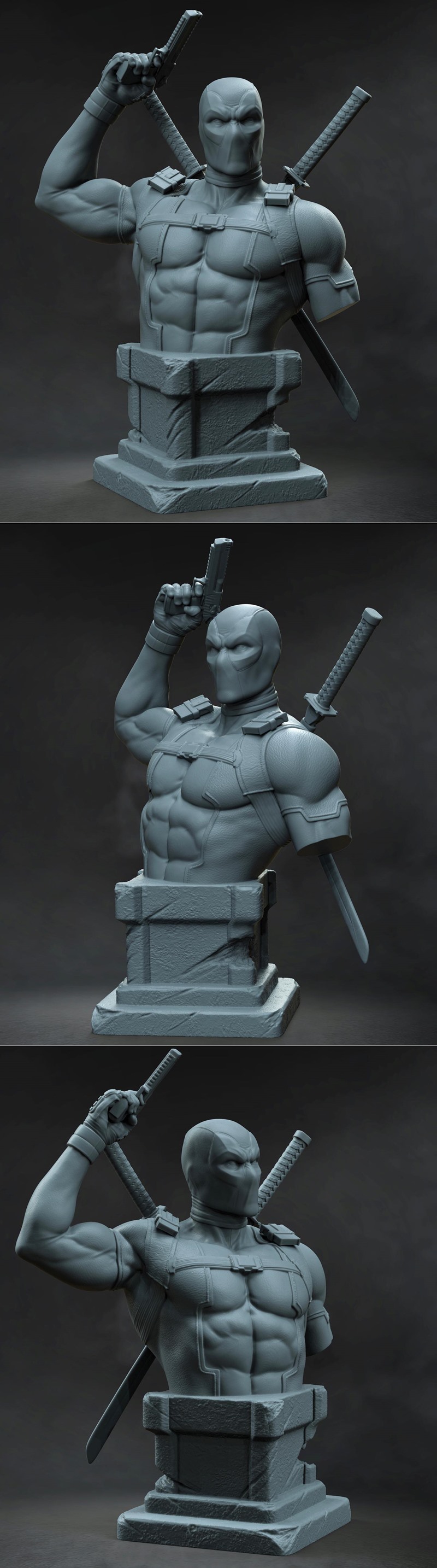 Deadpool bust with pistol raised and katanas on back, wearing red and black suit, mounted on stone pedestal. Stalyn Q...