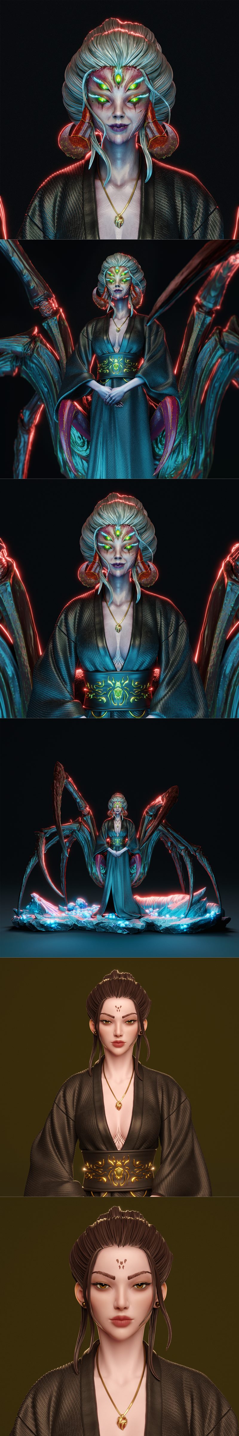 Spider Spirit figure in a teal kimono with gold trim, standing before large, glowing spider legs. The base features g...