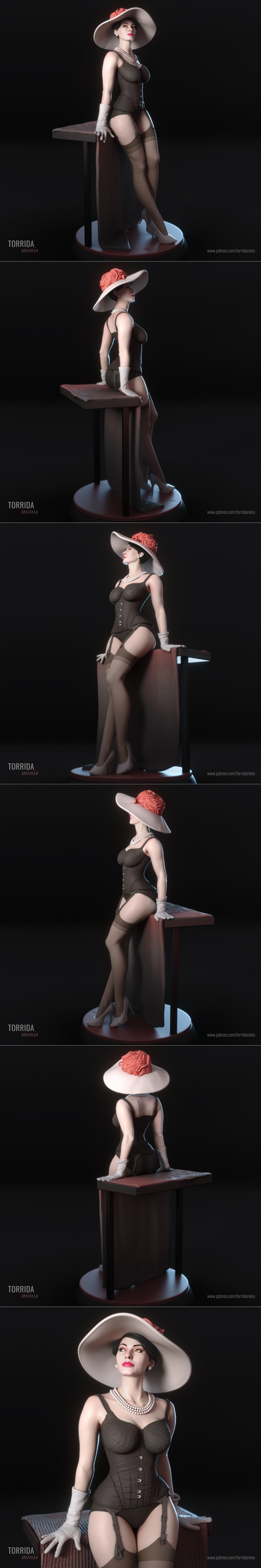 3D model of Sophia Loren in vintage lingerie, wearing a wide-brimmed hat and pearl necklace, leaning against a pedestal.