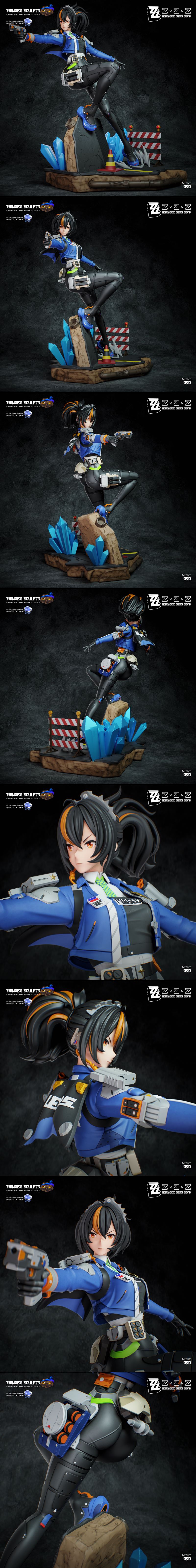 Zhu Yuan character figure from Zenless Zone Zero, holding a pistol in an action pose, wearing a blue jacket and black...