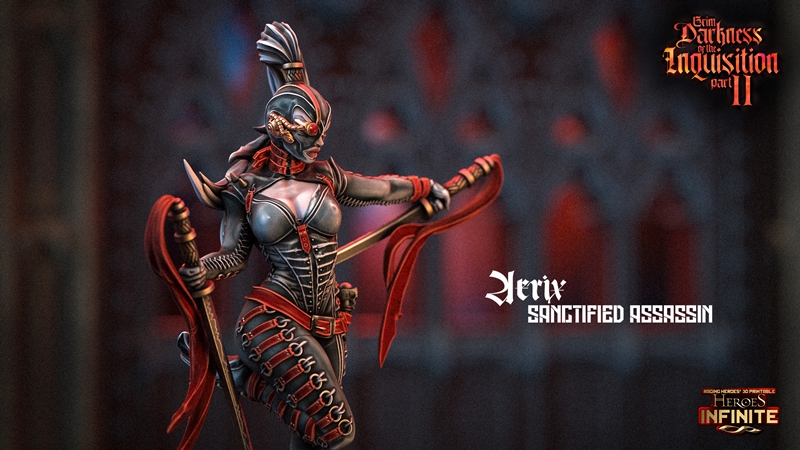 Aerix - Sanctified Assassin 3D model figure, female assassin in dark suit with red accents, holding two swords with f...