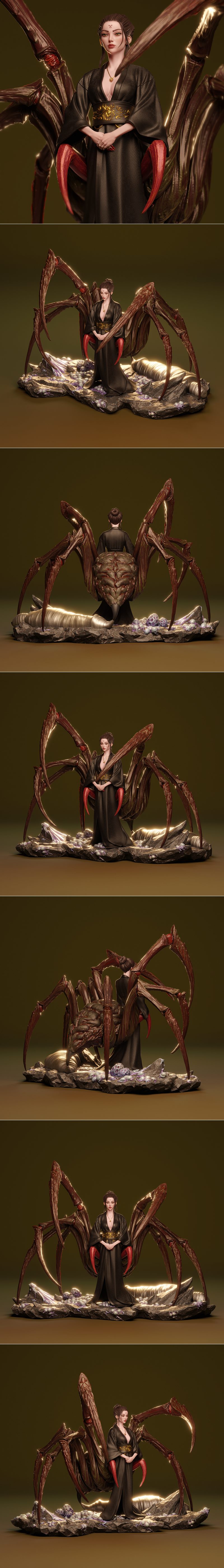 Spider Spirit figure in a teal kimono with gold trim, standing before large, glowing spider legs. The base features g...