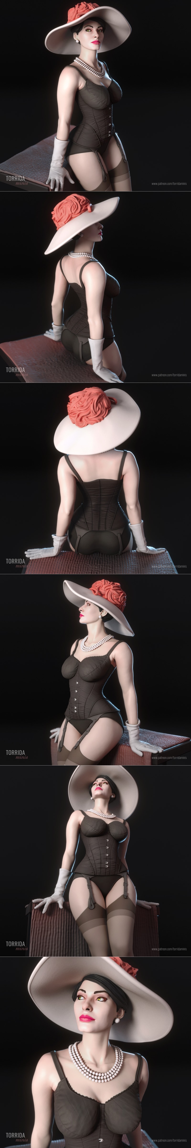 3D model of Sophia Loren in vintage lingerie, wearing a wide-brimmed hat and pearl necklace, leaning against a pedestal.