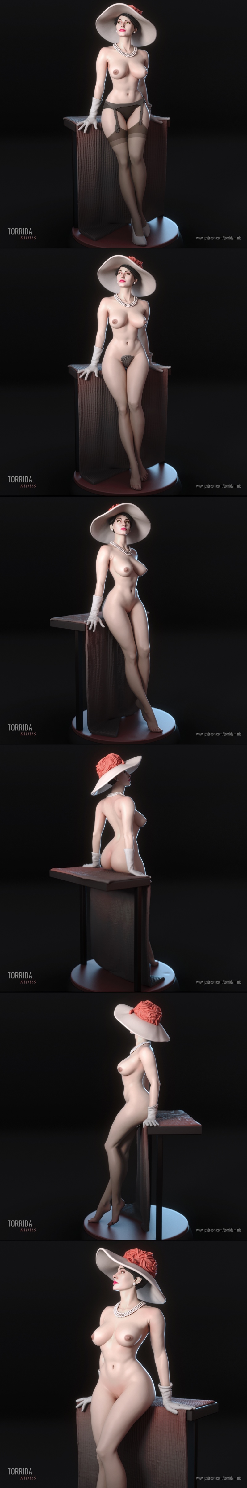 3D model of Sophia Loren in vintage lingerie, wearing a wide-brimmed hat and pearl necklace, leaning against a pedestal.