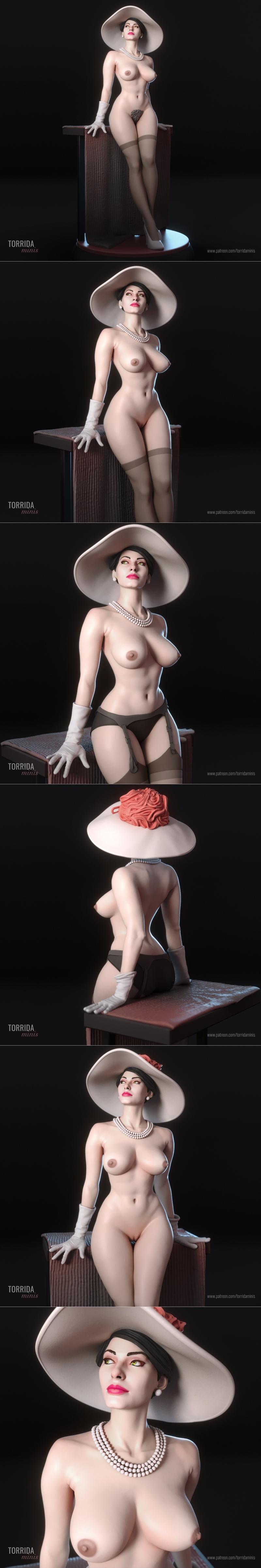3D model of Sophia Loren in vintage lingerie, wearing a wide-brimmed hat and pearl necklace, leaning against a pedestal.