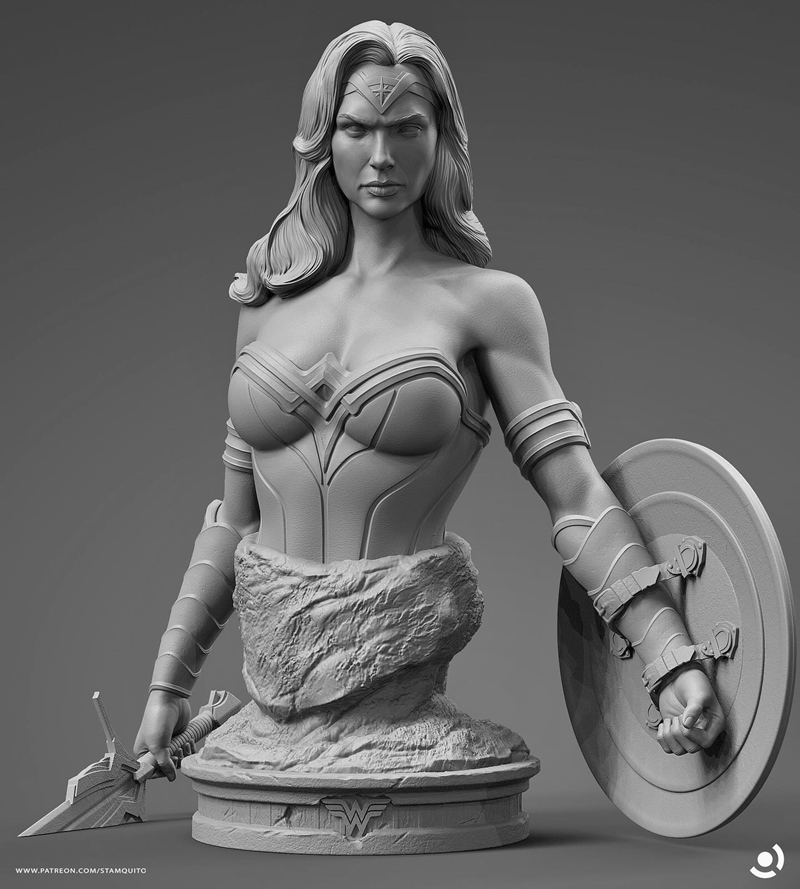 Stalyn Quito 3D model bust of Wonder Woman, featuring her iconic armor, tiara, and shield, with a determined expression.