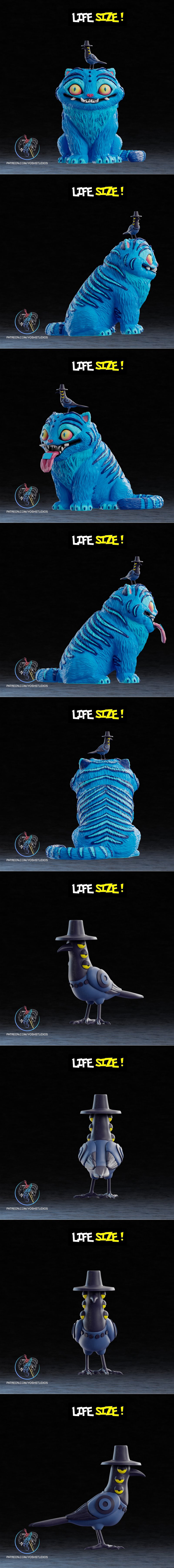 Bright blue cartoon tiger figure with wide yellow eyes, sharp teeth, and pink tongue out, wearing a small hat on its...