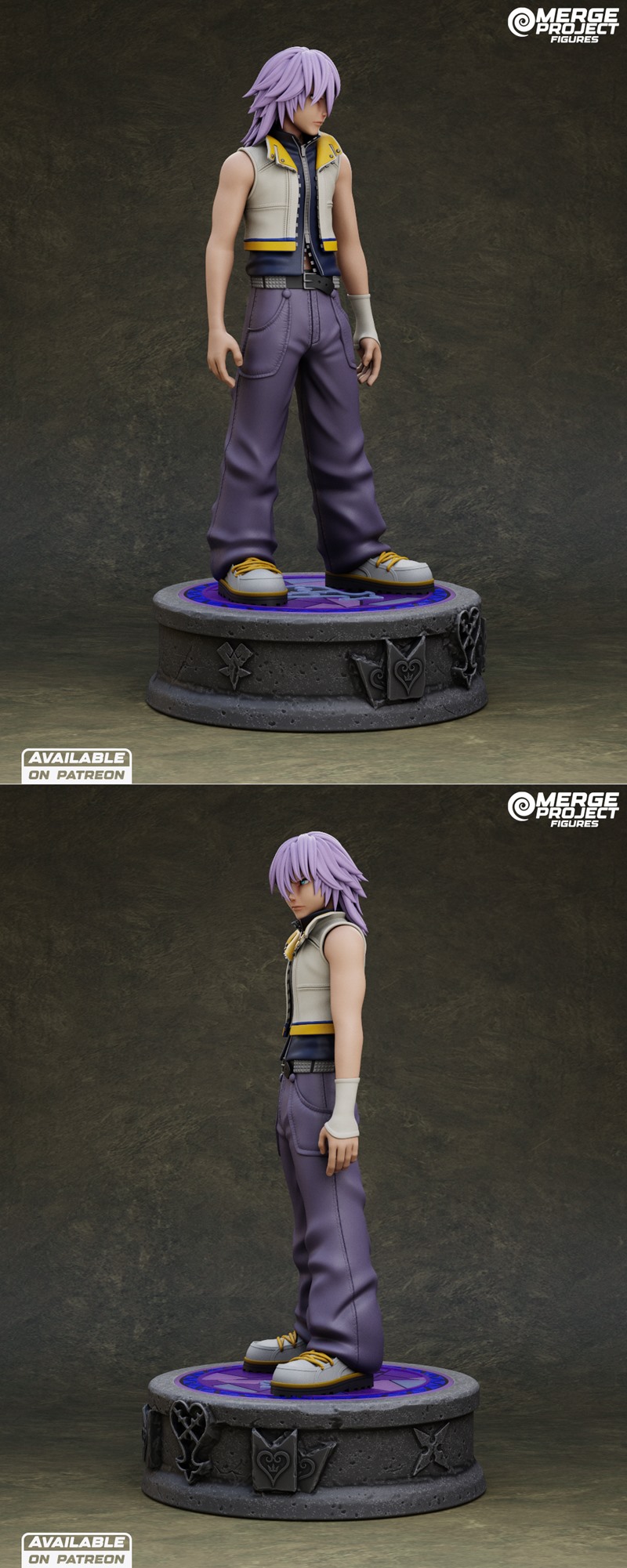 Riku from Kingdom Hearts 3D model figure, standing on a detailed base with franchise symbols. He has purple hair, a w...