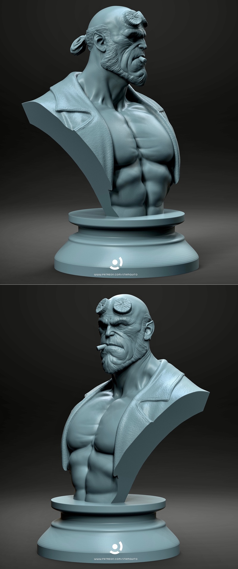 3D printable bust of Hellboy, a muscular bald demon with horns and a cigar, wearing a trench coat. The bust is on a c...