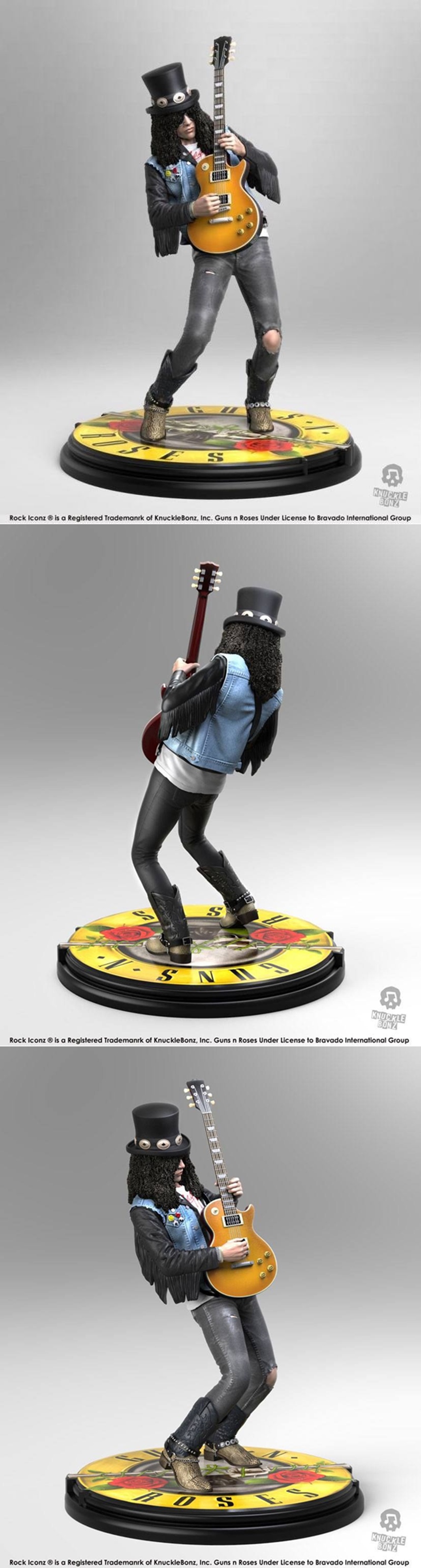 3D printable figure of Slash, guitarist for Guns N' Roses, holding a guitar, wearing a top hat and ripped jeans, stan...