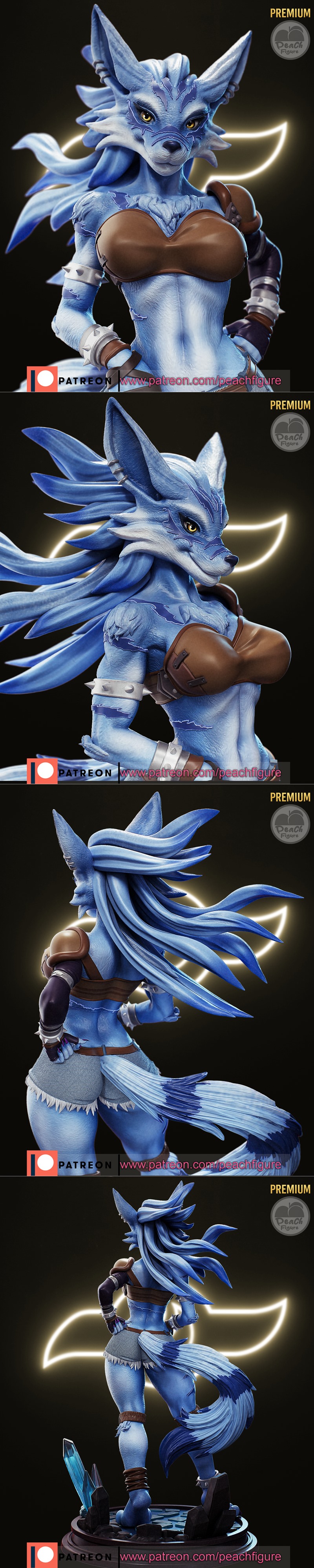 3D model of Weregarurumon, a blue anthropomorphic wolf-like creature with brown top and denim shorts, standing on a r...