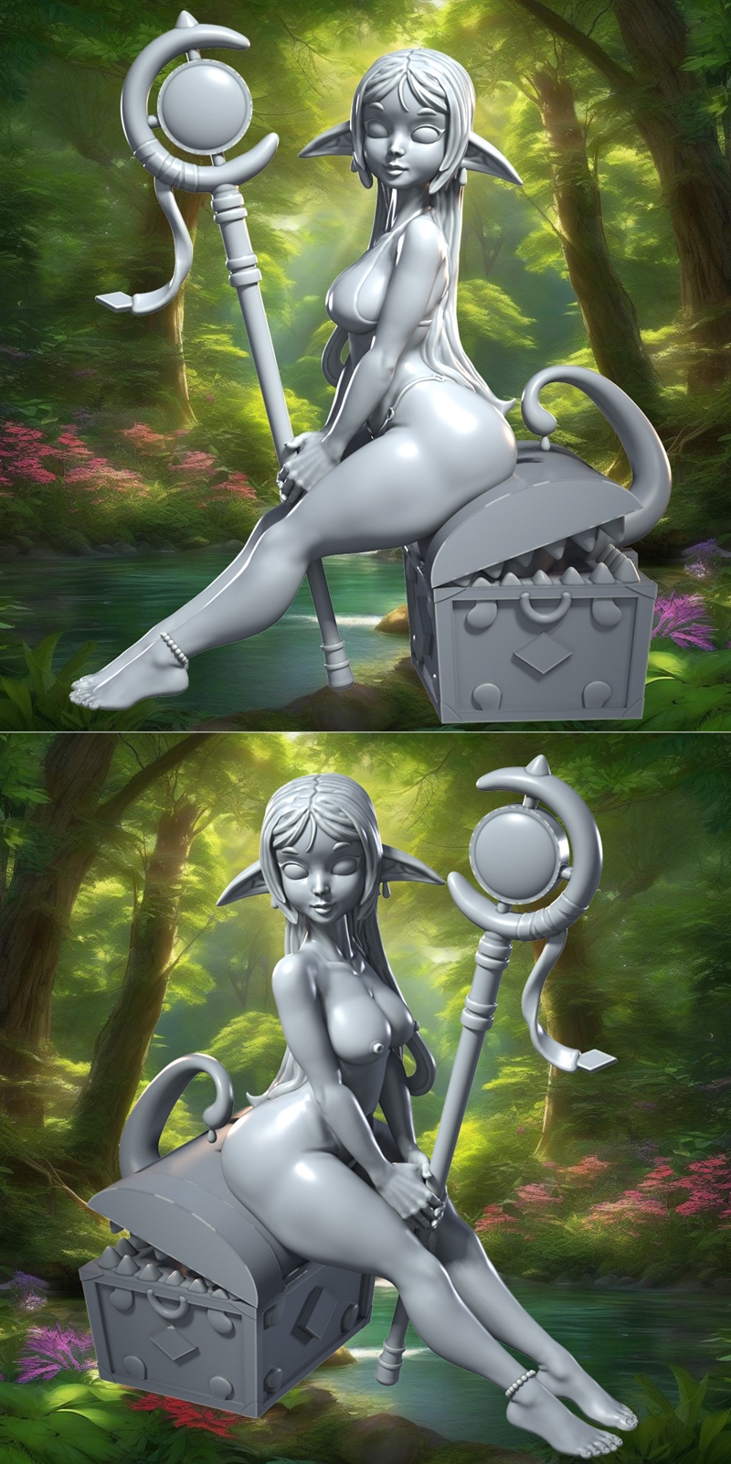 3D model of Frieren from Frieren: Beyond Journey's End, depicted as an elf in a bikini, sitting on a treasure chest w...