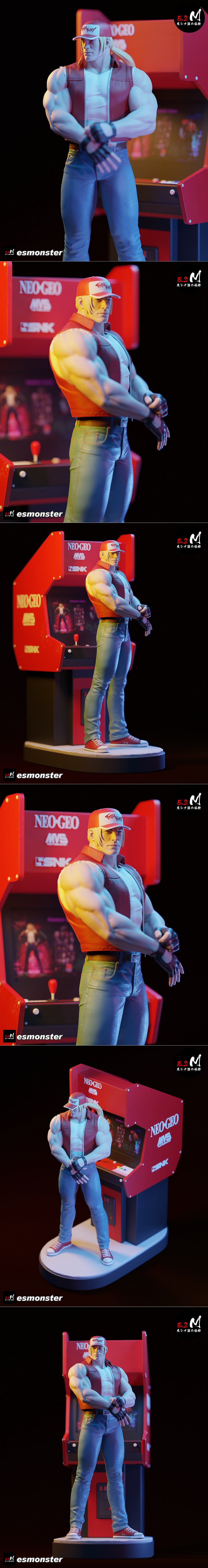Terry Bogard 3D model figure by E.S Monster, wearing a red cap, vest, and jeans, with arms crossed, standing in front...