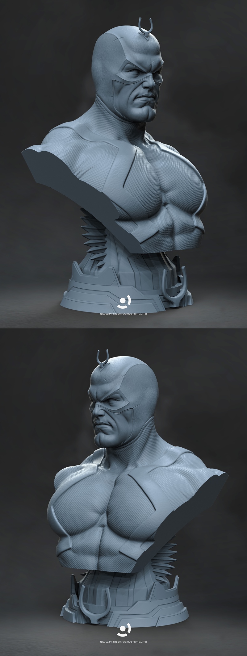 Stalyn Quito's Black Botl bust 3D model, featuring a male superhero with a mask and armored chest, on a detailed base.