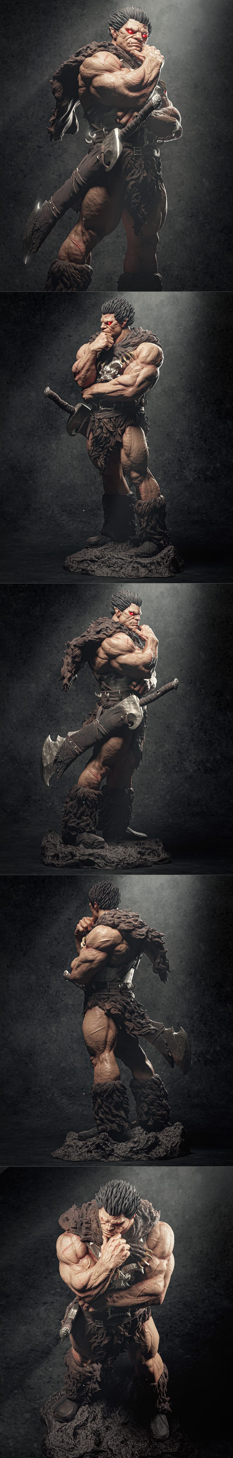 Muscular male figure of Zodd from Berserk, with red eyes, fur cloak, and sword, standing on a rocky base.