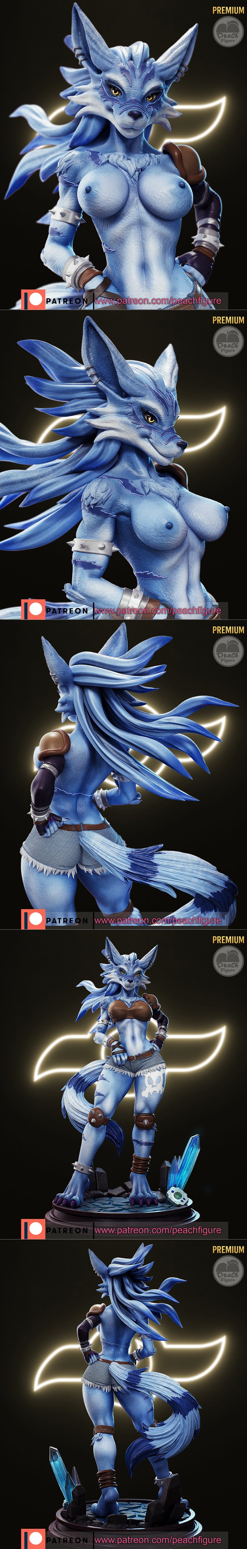 3D model of Weregarurumon, a blue anthropomorphic wolf-like creature with brown top and denim shorts, standing on a r...