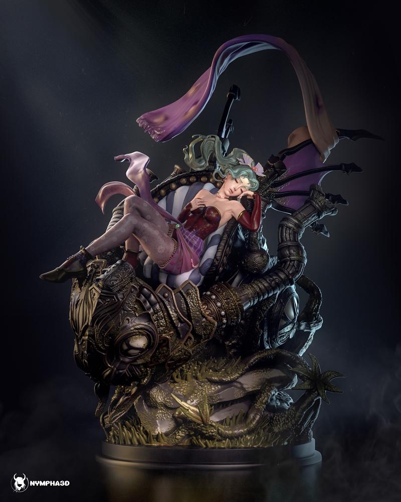 Terra Branford figure resting on an ornate, dark-toned base with flowing purple drapery. Nympha studio logo visible.