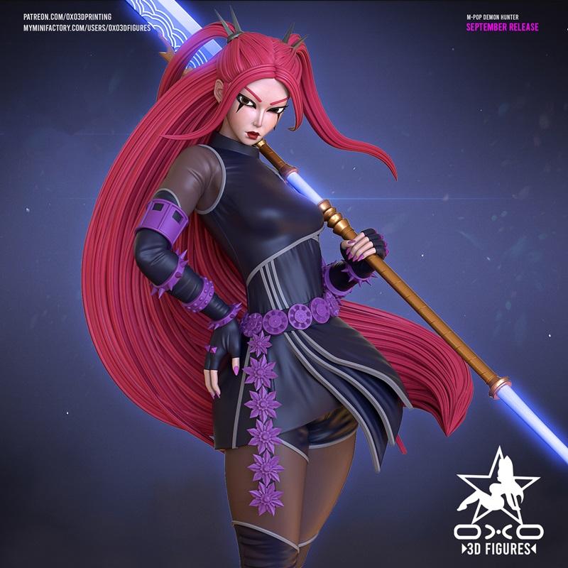 3D model of Mira, a K-pop demon hunter with long red hair, wearing a black outfit with purple accents and holding a g...
