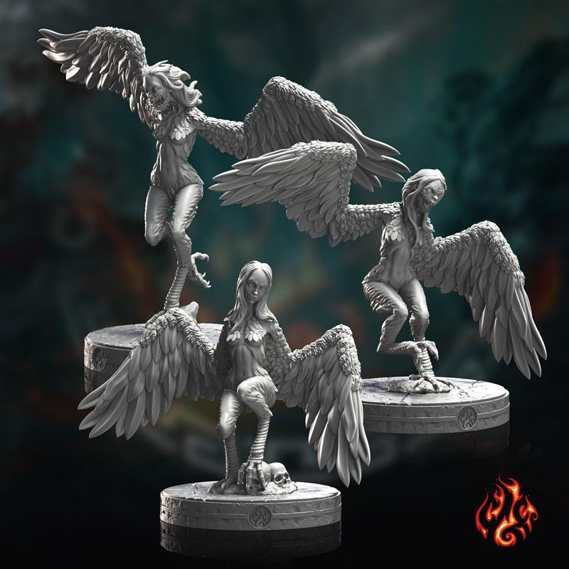 Three 3D printable harpy figures from Crippled God Foundry. Two figures are in mid-stride with large wings spread, wh...