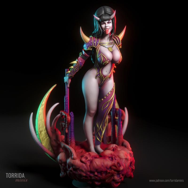 Demonic succubus figure 'Perversa' by Torrida Minis, wearing revealing purple and gold armor, red horns, and holding...