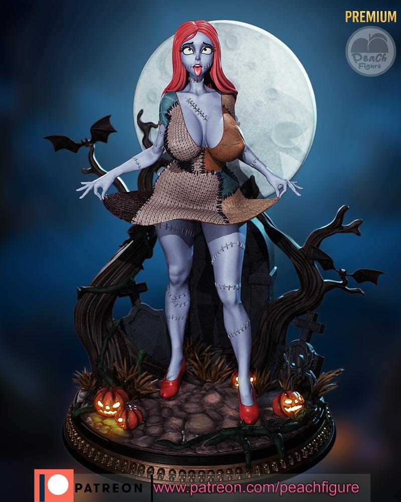 Sally from The Nightmare Before Christmas figure posed on a Halloween-themed diorama base with pumpkins and a full mo...