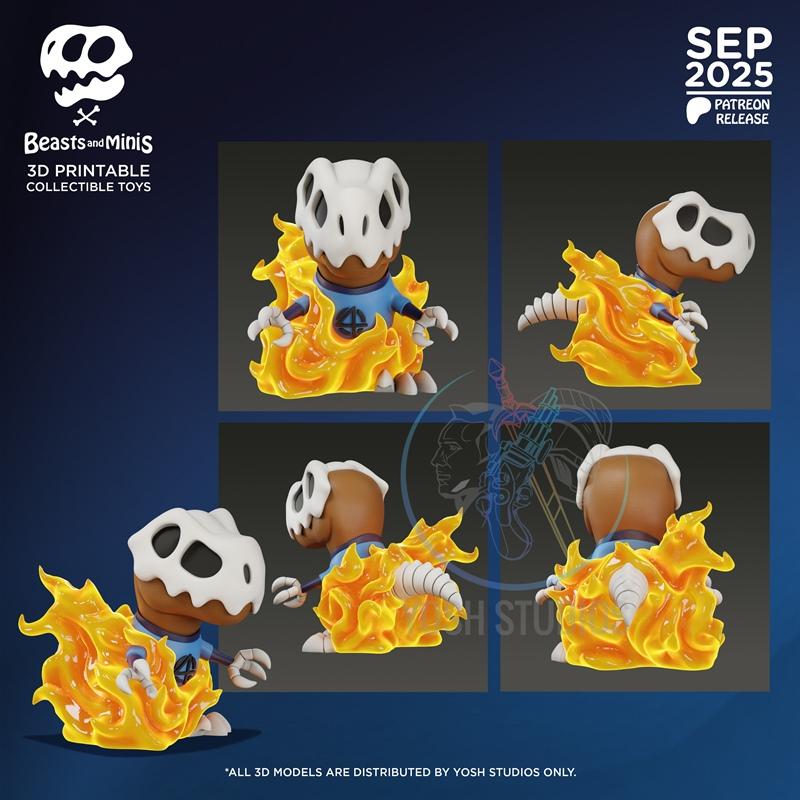 3D model of a cute dinosaur-like creature with a skull head, wearing a blue Fantastic Four shirt and surrounded by br...