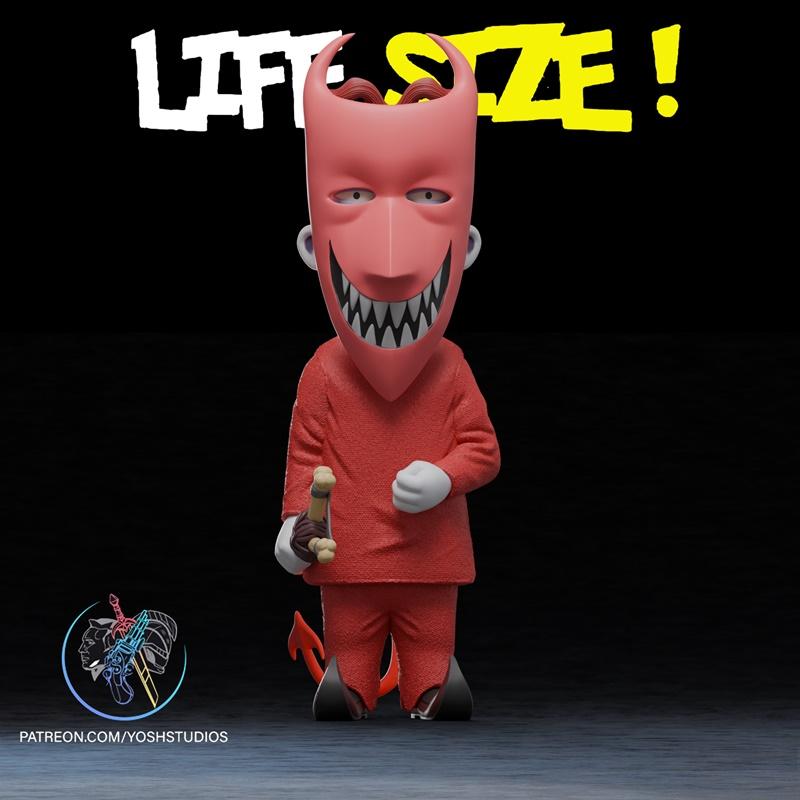 Life-size 3D model of Lock from The Nightmare Before Christmas, wearing a red suit and mask, holding a bone-like obje...