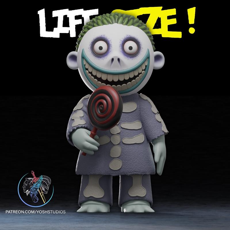 3D model of Barrel from The Nightmare Before Christmas, holding a red and black lollipop, wearing a stitched costume...