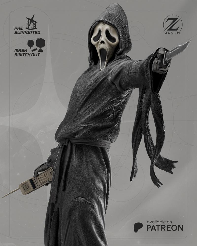 3D model of Ghostface from Scream, holding a knife and a vintage mobile phone, wearing a hooded robe and mask.