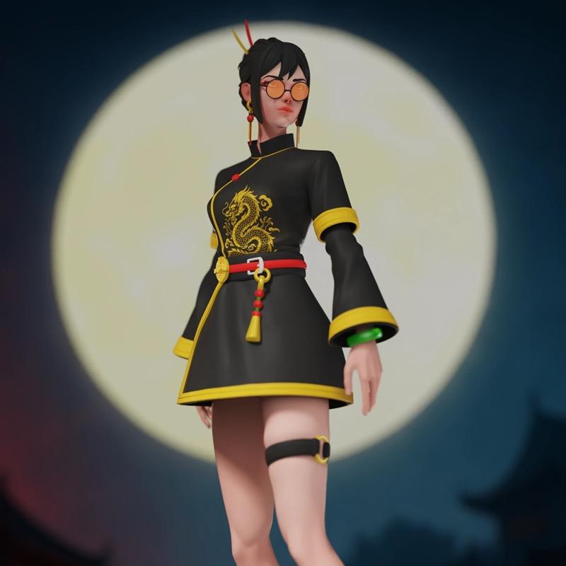 Stylized 3D figure of Qingzhu in a black and yellow traditional outfit with a golden dragon emblem, round orange glas...