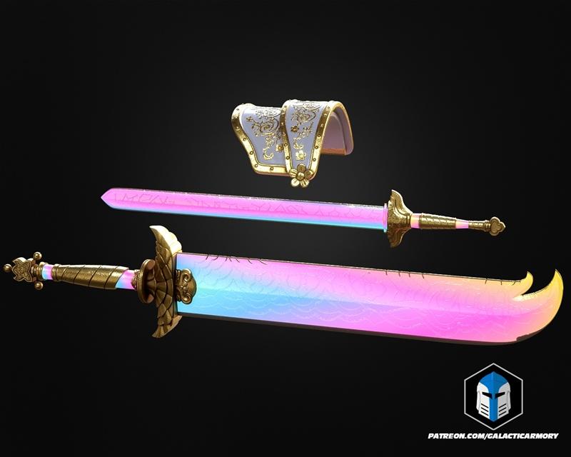 Two ornate swords with rainbow-colored blades and golden hilts, alongside a decorative scabbard with gold filigree. G...