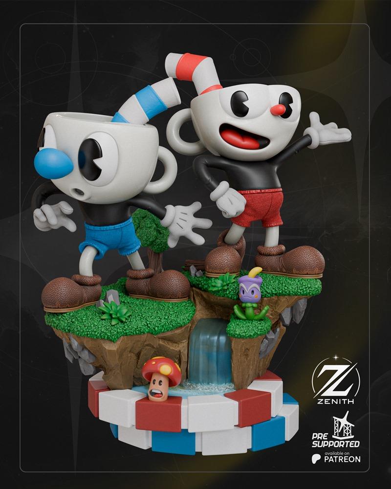 3D model figure of Mugman and Cuphead from the game Cuphead, standing on a diorama base with a waterfall and mushroom...