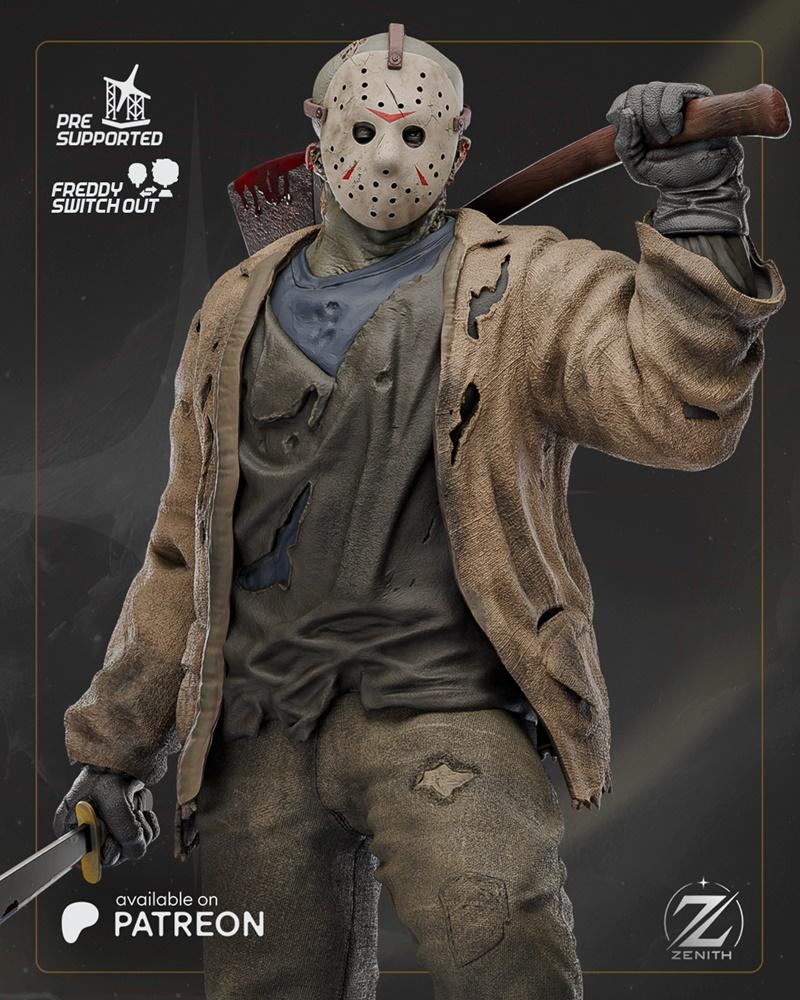 Jason Voorhees 3D model figure, wearing a hockey mask and tattered clothes, holding a machete and axe. From Zenith St...