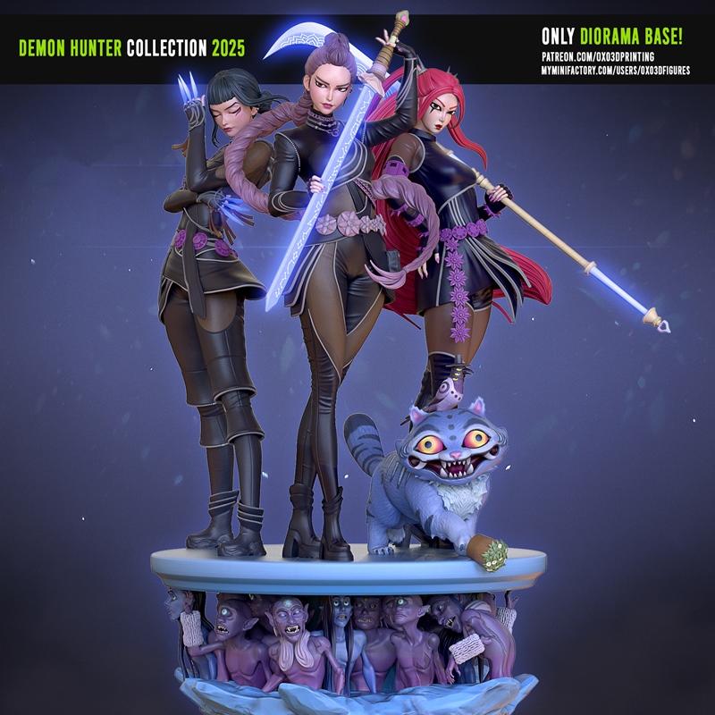 Three female demon hunters, Rumi, Mira, and Zoey, stand on a diorama base filled with monstrous figures. Mira holds a...