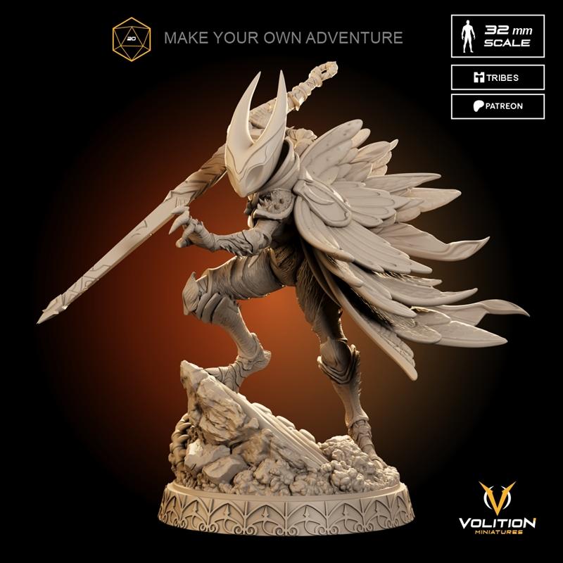 Fantasy female warrior figure with large wings and a sword, wearing ornate armor, posed dynamically on a rock base. S...
