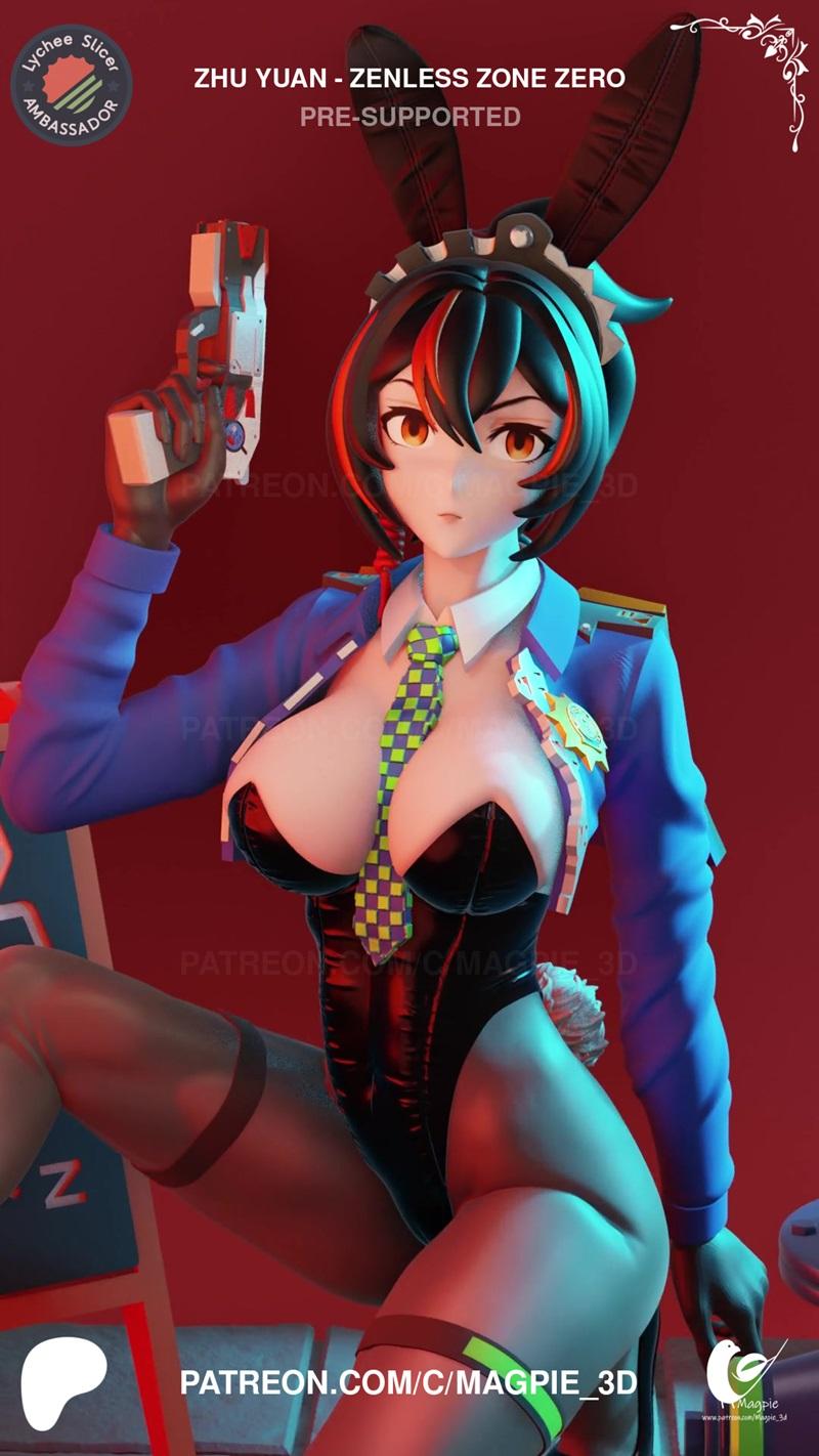 Zhu Yuan from Zenless Zone Zero 3D model, wearing a blue jacket, black leotard, bunny ears, and thigh highs, holding...