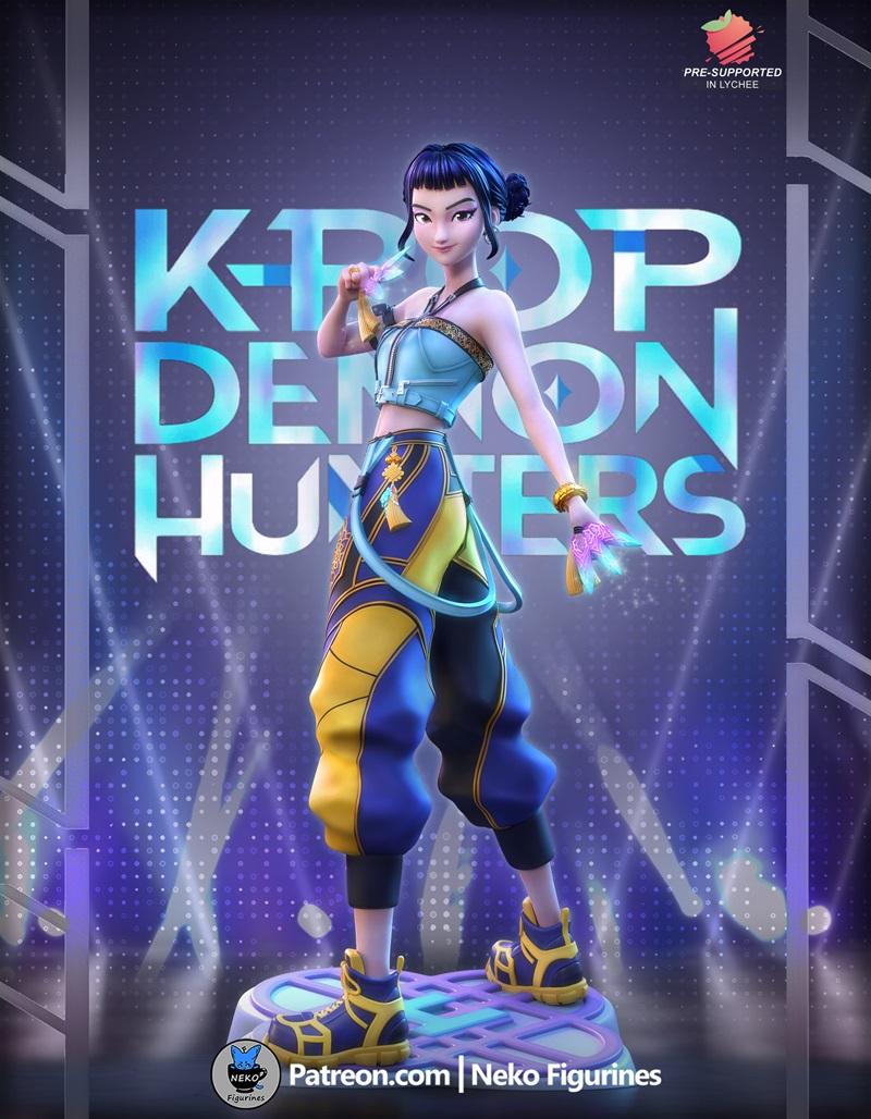 3D model of Zoey from Kpop Demon Hunters, a stylized female character in a blue crop top and blue/yellow baggy pants,...