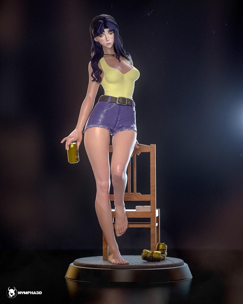 Misato Katsuragi from Neon Genesis Evangelion leaning against a wooden chair, holding a beer can. She wears a yellow...