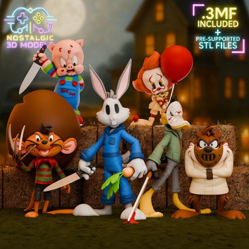 Bugs Bunny, Pennywise, Piggy, Daffy Duck, Tazmanian Devil, and a cat character in horror-themed outfits, posed on gra...