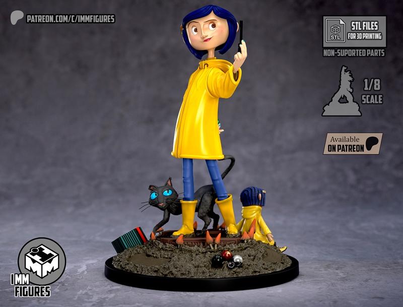 1/8 scale 3D print figure of Coraline in a yellow raincoat and yellow boots, standing with a black cat on a diorama b...