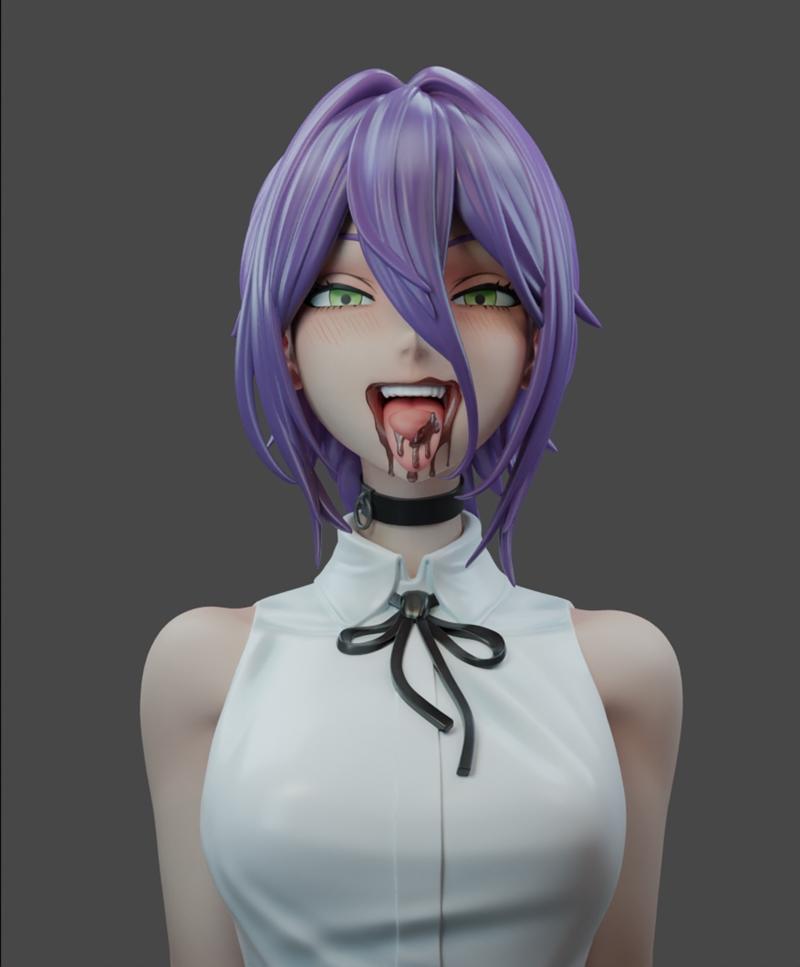 Reze from Chainsaw Man anime figure, purple hair, green eyes, tongue out with blood dripping, wearing white top with...