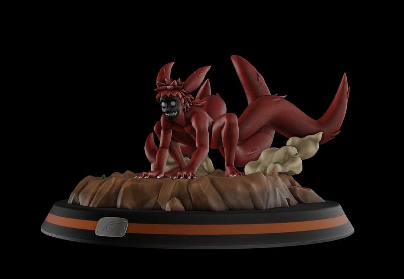 Naruto in his four-tailed form, a red, beast-like figure with a mask and four tails, crouching on a rocky base with t...